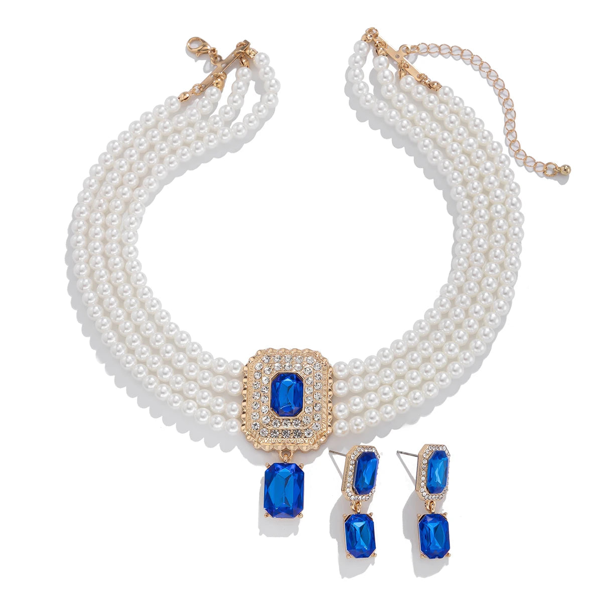 Luxury Multilayer Imitation Pearl Chain Necklace Rhinestone Pendant Stud Earrings for Women Elegant Wed Jewelry Set New