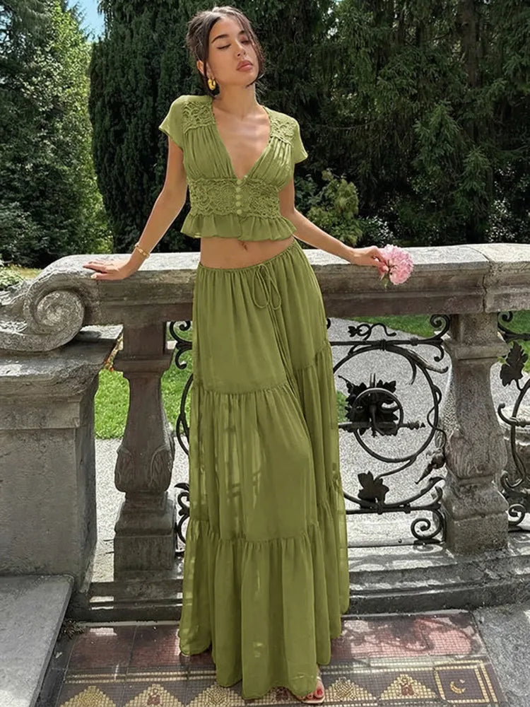 Elegant Chiffon Two Piece Set Women V Neck Short Sleeve Crop Top Maxi Skirt Matching Sets Female Club Party Dress Set