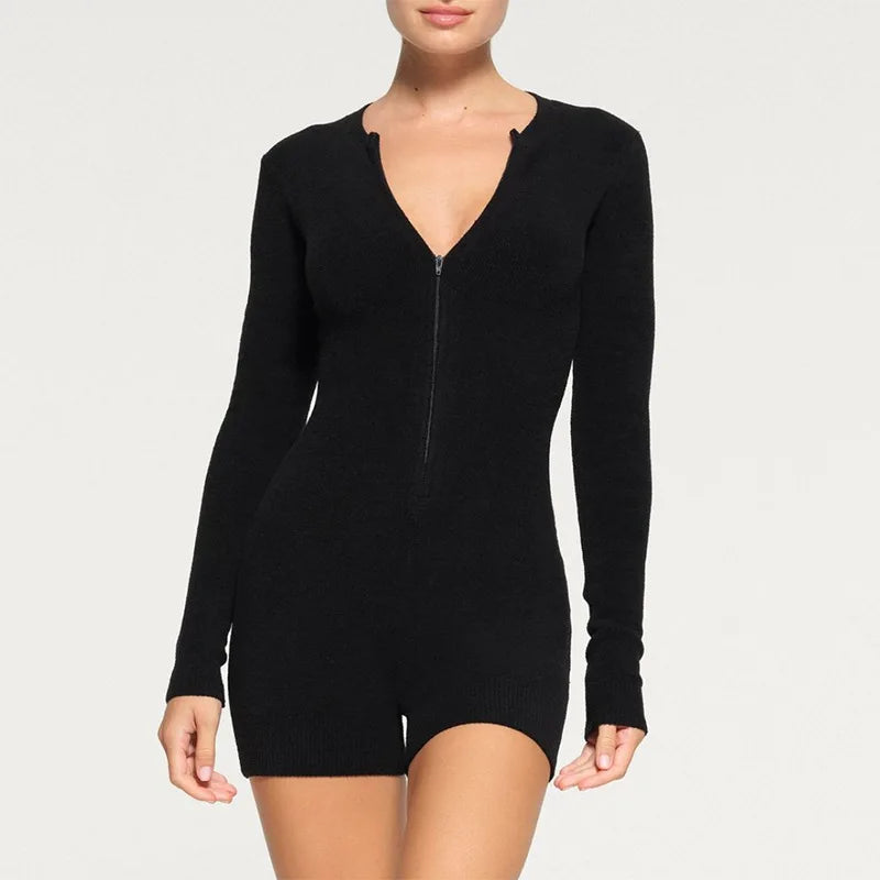 Zipper Long Sleeve Knit Sweater Short Romper Spring 2024 Women Outfits One Pieces Jumpsuit Cozy Lounge Wear