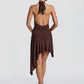 Women Halter Deep V Neck Sexy Midi Dress Elegant Irregular Ruched Wrap Waist Bodycon Club Night Party Mini Dresses
