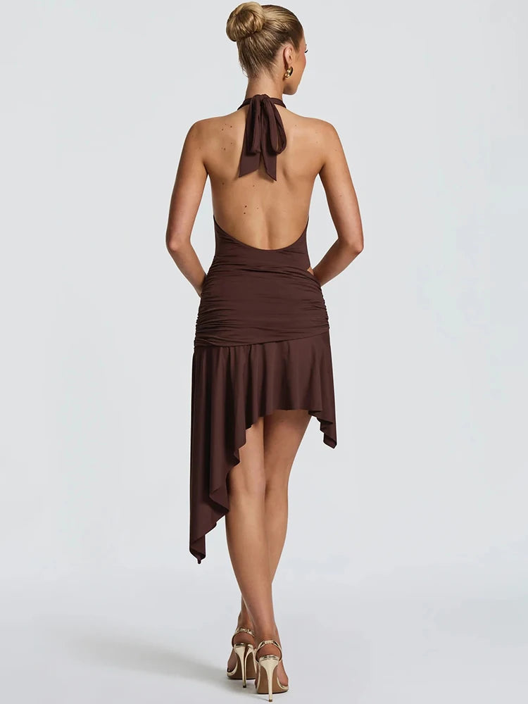 Women Halter Deep V Neck Sexy Midi Dress Elegant Irregular Ruched Wrap Waist Bodycon Club Night Party Mini Dresses