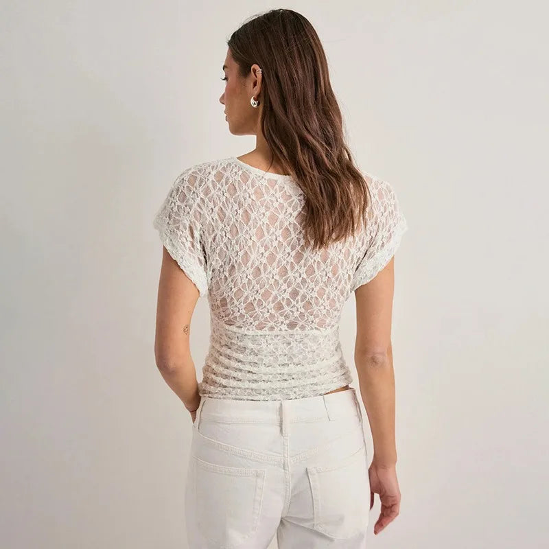 Black Lace Sheer V Neck Crop Top with Short Cap Sleeves Sexy T Shirts Fashion 2026 Woman Clothing