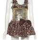 Fashion Sequin Patchwork Leopard 3 Piece Set Women Belt Metal Buckle Vest+Bow Ruffled Skirts+Short Trend Party Clubwear
