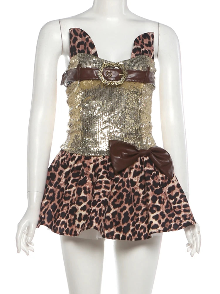 Fashion Sequin Patchwork Leopard 3 Piece Set Women Belt Metal Buckle Vest+Bow Ruffled Skirts+Short Trend Party Clubwear
