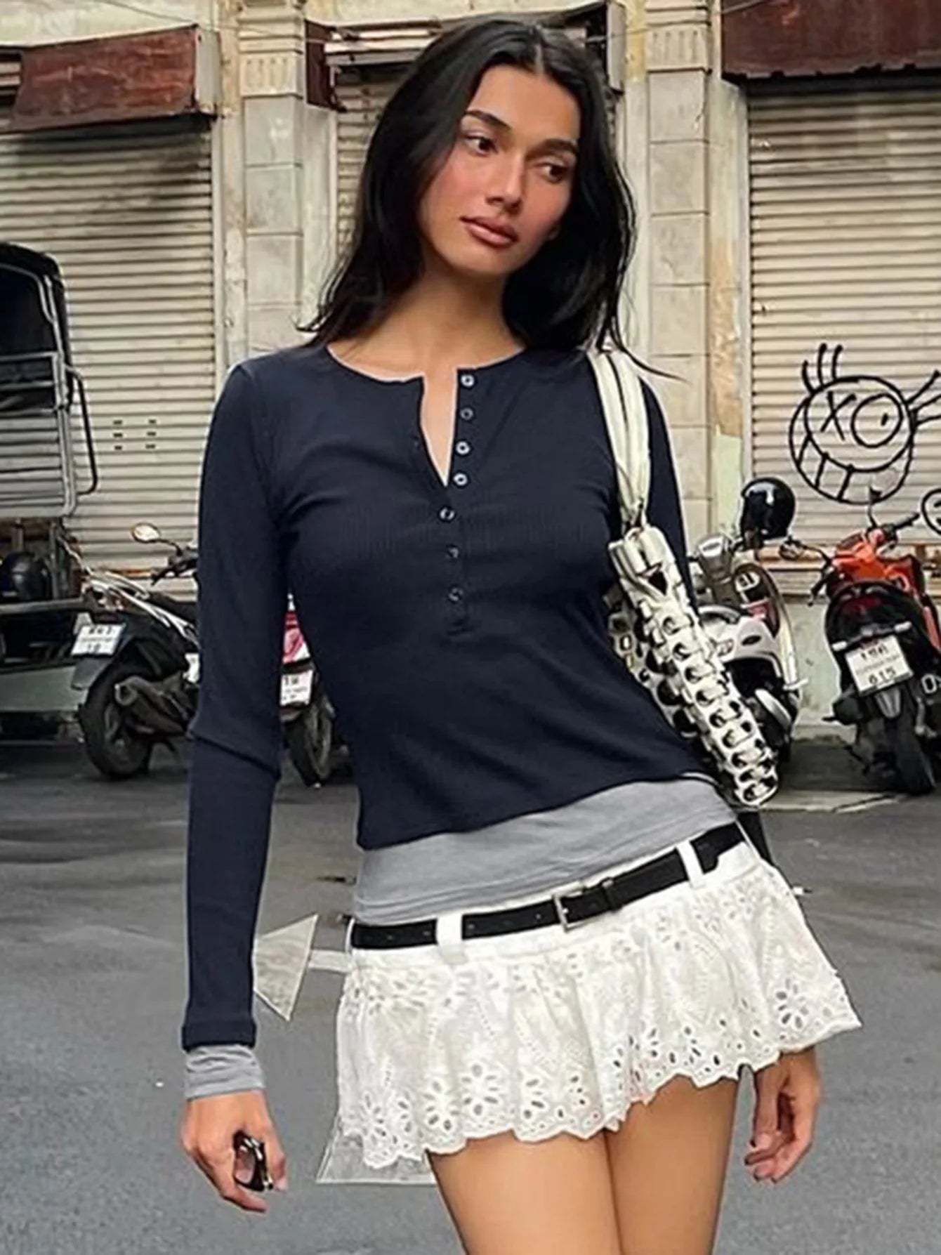 Fake Two-piece Long Sleeve Top Fall Woman Clothes Casual Ribbed Tee Shirts Ladies