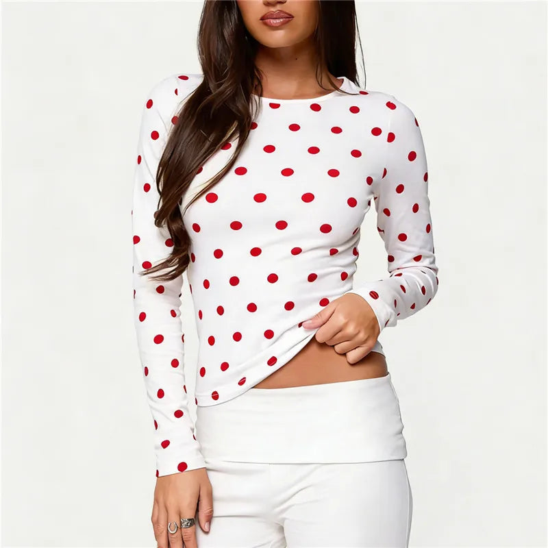 Y2K Coquette Polka Dot Long Sleeve Crew Neck Slim Fitted T-Shirt Crop Top Women Casual Bodycon Spring Fall Streetwear