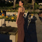 High-slit Draped Halter Maxi Dresses Elegant Sexy Yellow Brown Party Dress Woman for Birthday Pictures