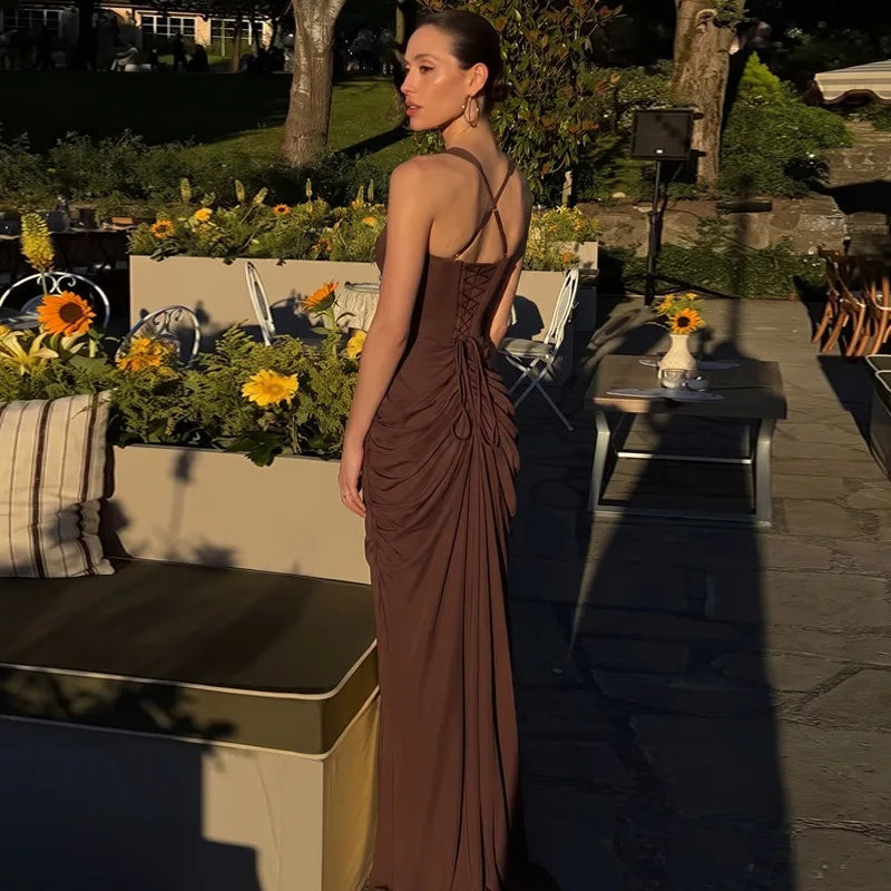 High-slit Draped Halter Maxi Dresses Elegant Sexy Yellow Brown Party Dress Woman for Birthday Pictures
