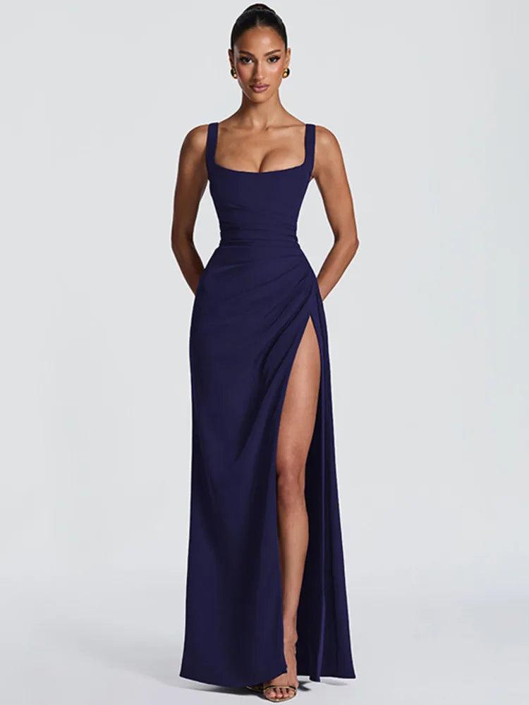 Square Collar Backless Sexy Maxi Dress Women Elegant Spaghetti Strap Sleeveless High Split Bodycon Club Party Dress