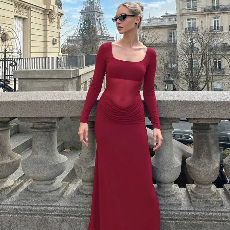 Mesh Splicing Long Sleeve Dresses for Woman Clothing Fall 2025 Sexy Party Maxi Dress Wedding Guest