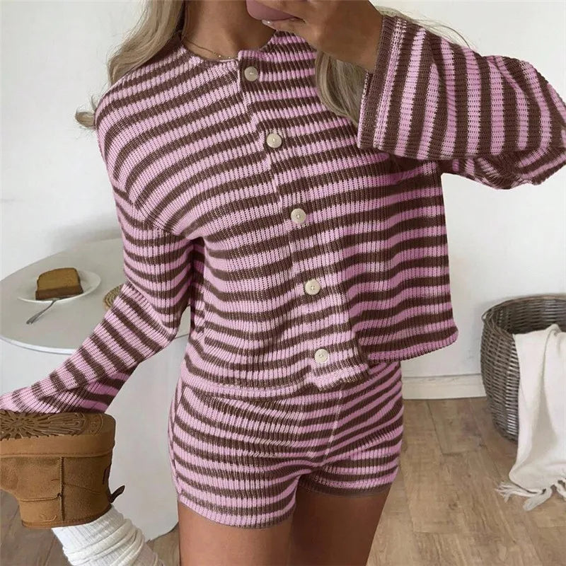 Womens Waffle Knit Striped 2 Piece Set Button Front Long Sleeve Cardigan And Shorts Casual Fall Spring Loungewear Outfit