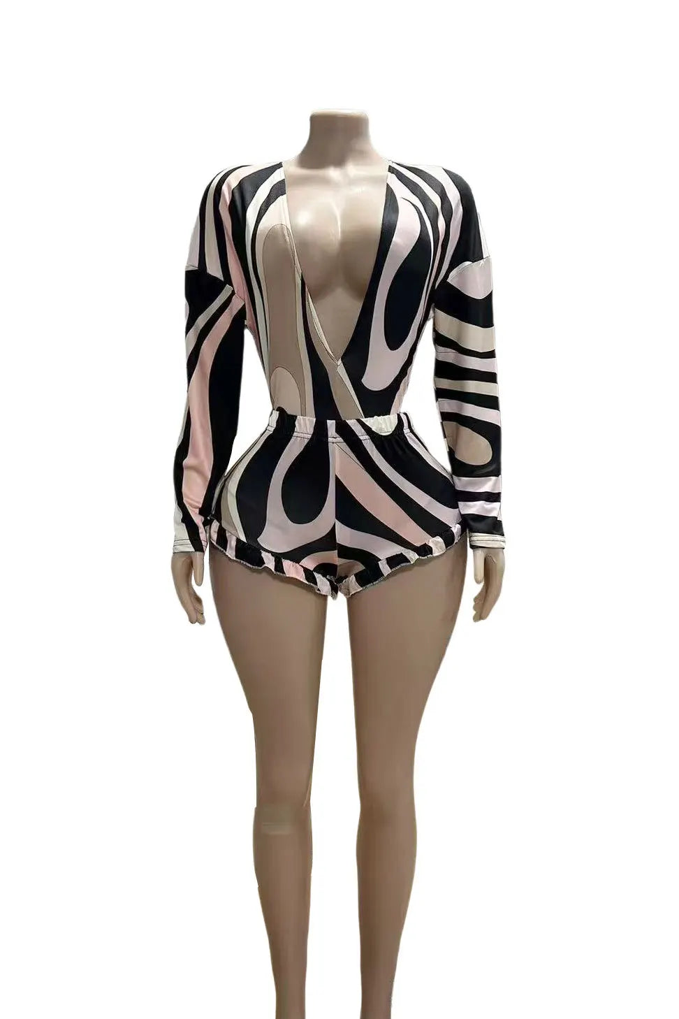 Colorful Print Women 2 Piece Set Deep v-Neck Full Sleeve Bodysuit+Mesh Shorts Matching Streetwear Sexy Hipster Suits