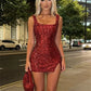 Shiny Sequins Square Collar Bodycon Mini Dress Elegant Split Solid Party Dress Womens Sexy Sleeveless Slim Short Dress