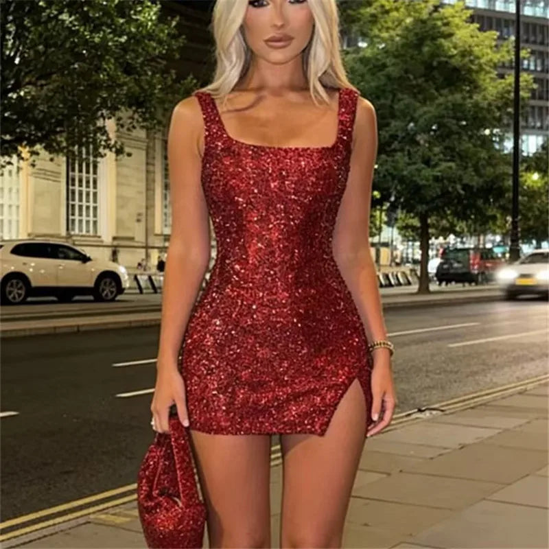 Shiny Sequins Square Collar Bodycon Mini Dress Elegant Split Solid Party Dress Womens Sexy Sleeveless Slim Short Dress