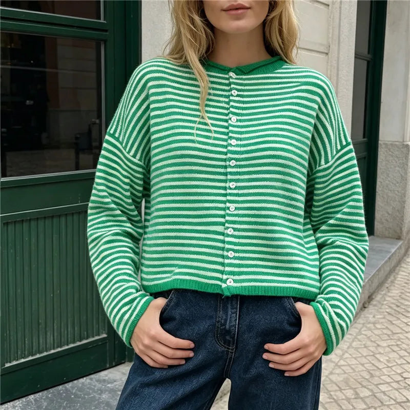 Womens Fuzzy Striped Knit Cardigan Round Neck Button Front Long Sleeve Loose Casual Sweater Jacket Winter Fall Outerwear