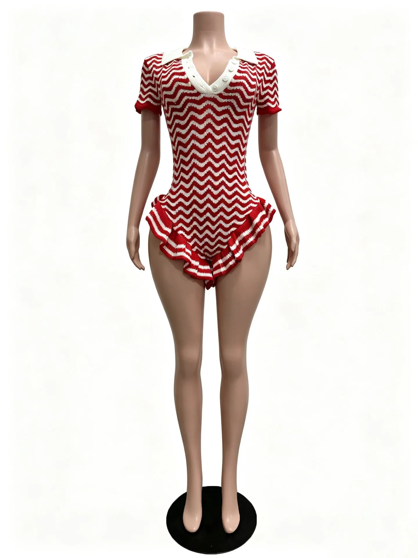 Ruffled Edge Knit Romper Women Sexy Single-Breasted Turn Down Collar Short Sleeve Fashion Trend Party Street Playsuit
