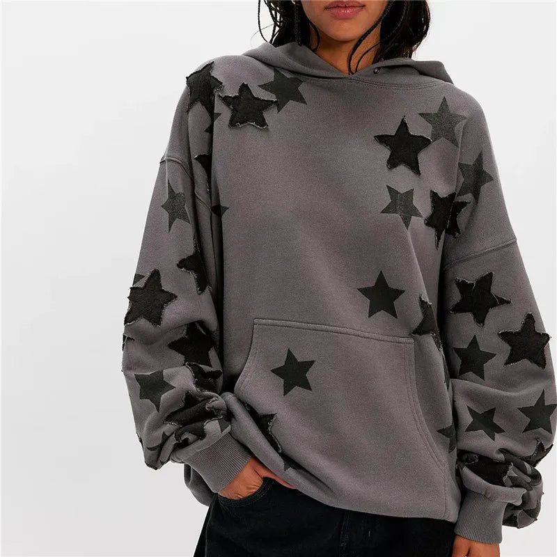 American Casual Oversized Star Patch Hoodie Women Vintage Loose Drop Shoulder Kangaroo Pocket Everyday Street Sweatshirt