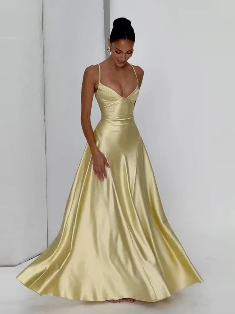 Satin Maxi Dress Women Low-Neck Sleeveless Skinny Folds Elegant Birthday Party Vacation Summer New Trend Vestidos