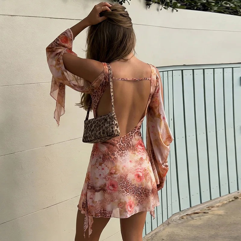 Floral Leopard Print Mesh See Through Dress Elegant Sexy Long Sleeve Backless Mini Dresses for Woman