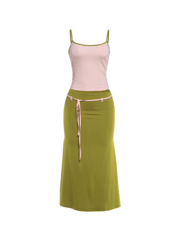 Ribbon Decoration Long Skirt+Low-Neck Backless Shape Waist Camisole 2 Piece Set Woman Summer Classic Elegant Style Suits