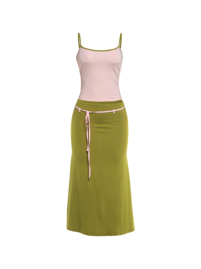 Ribbon Decoration Long Skirt+Low-Neck Backless Shape Waist Camisole 2 Piece Set Woman Summer Classic Elegant Style Suits