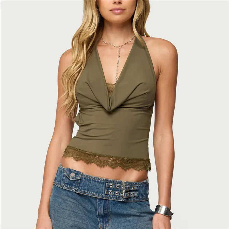 Sexy Women's Halter Neck Vest Tops Summer Sleeveless Open Back Solid Color Slim Fit Lace Trim Tank Tops Party Clubwear