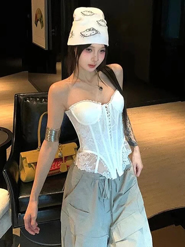 Shirring Corset Tops Women Patchwork irregular Lace Sleeveless Backless Skinny Summer Trend Y2K Midnight Street Vest