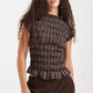 Women Gingham Plaid Smocked Blouse Short Sleeve Ruffle Trim Crew Neck Slim Fit Top Cottage Y2K Casual Summer Streetwear