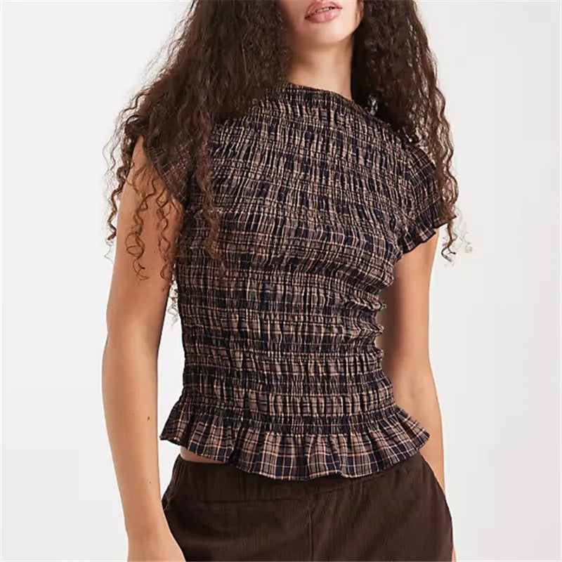 Women Gingham Plaid Smocked Blouse Short Sleeve Ruffle Trim Crew Neck Slim Fit Top Cottage Y2K Casual Summer Streetwear