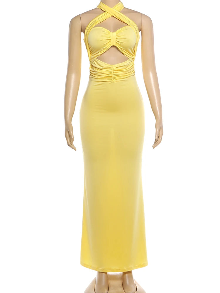 Evening Party Dress Women Elegant Hollow Backless Fashion Classic Halter Ruched Patchwork Sexy Vacation Chic Maxi Bodycon