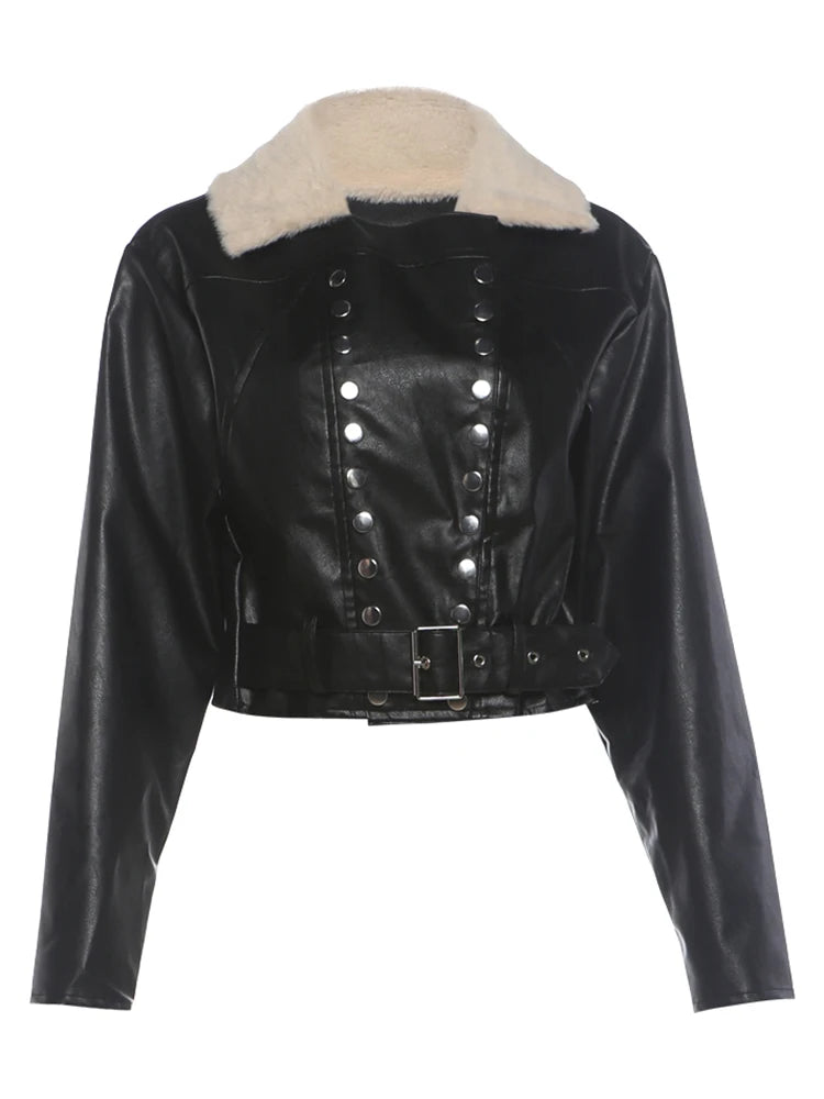 PU Leather Jacket Woman Furry Patchwork Lapel Double-Breasted Metal Buckle Belt Full Sleeve High Street Style Coats