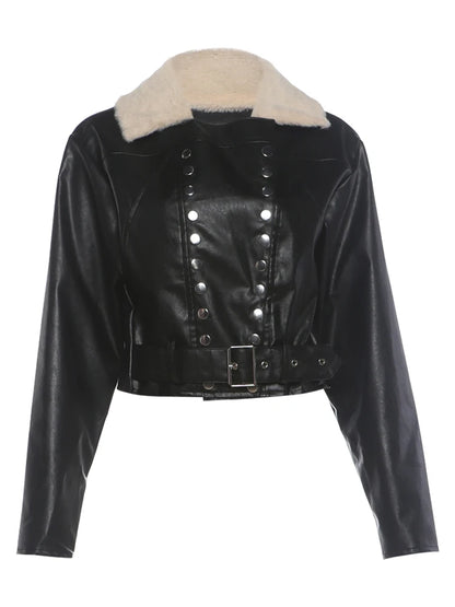 PU Leather Jacket Woman Furry Patchwork Lapel Double-Breasted Metal Buckle Belt Full Sleeve High Street Style Coats