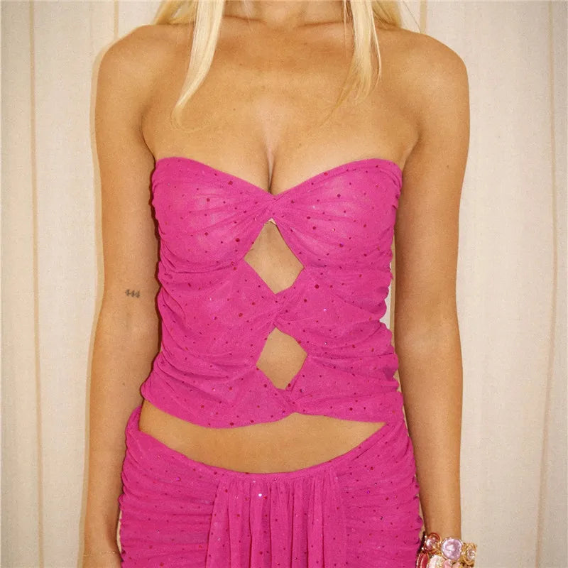 Women Rhinestones Tube Tops Shimmer Twist Cutout Ruched Off-Shoulder Bandeau Backless Shirts Summer Y2K Streetwear