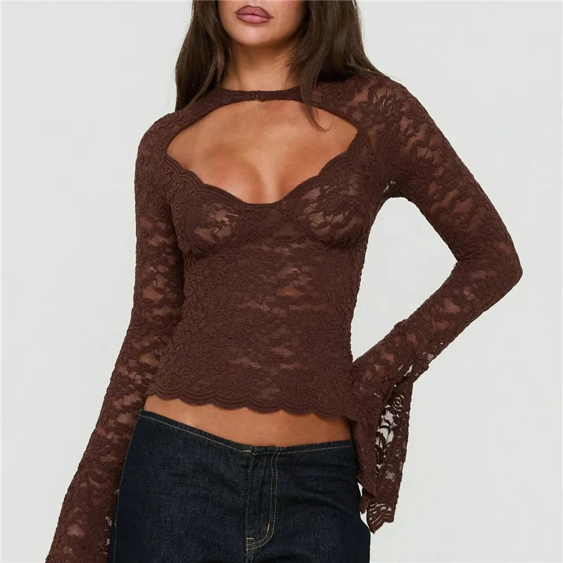 Y2K Gothic Women Sheer Lace Top Hollow Out Cutout Chest Long Flare Sleeve Scallop Trim Slim Fit See Through Mesh Blouse
