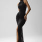 Halter Ruched Sleeveless Sexy Maxi Dress Women Gown Fashion Slim High Waist Evening Club Party Split Long Dress