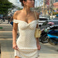 Sexy  Fashion Polka Dot Print Dress Women Slash Neck Ruched Patchwork Sleeveless Summer Street Party Chic Mini Bodycon