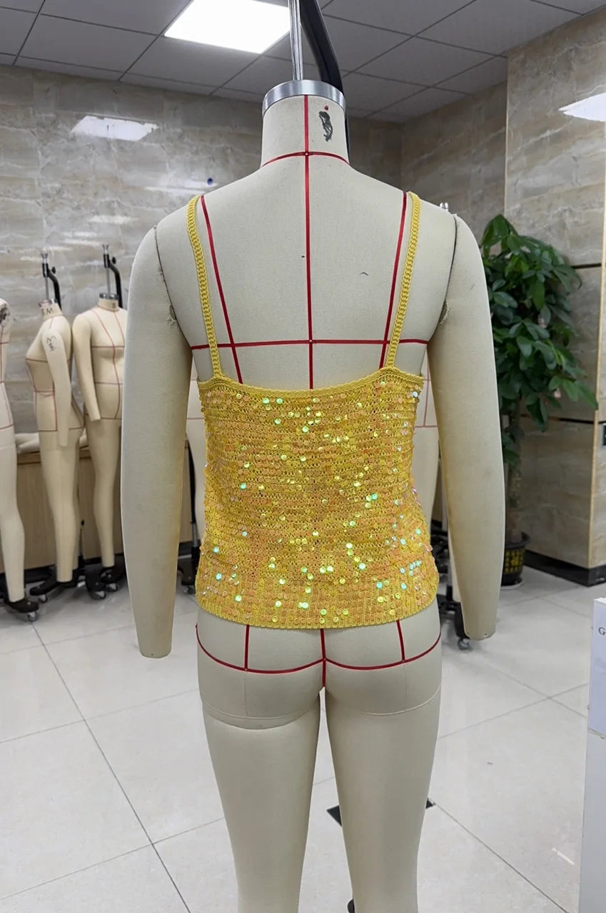 Sequin Crochet Crop Tops Women Summer Beach Knitted Smocked Camis Sparkly Glitter Backless Cover-up Crop Tops Vest