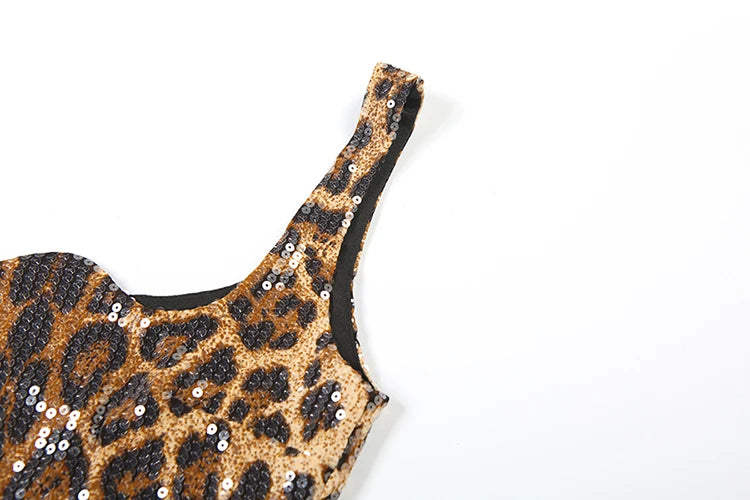 Chic Sequins Leopard Dress Women Y2K Sleeveless Square Collar Tierred Hem Skinny Street Clubwear Hottie Sexy Bodycon
