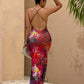 Lace Patchwork Sling Dress Woman Flower Print Low-Neck Cross Bandage Backless Summer Street Sexy Fashion Long Bodycon