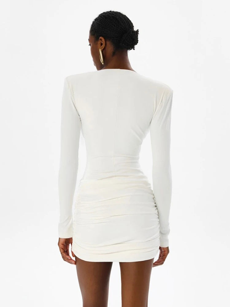 Metal Decoration Dress Women v-Neck Full Sleeve Folds Elasticity Skinny Autumn Fashion Party Classic Mini Bodycon