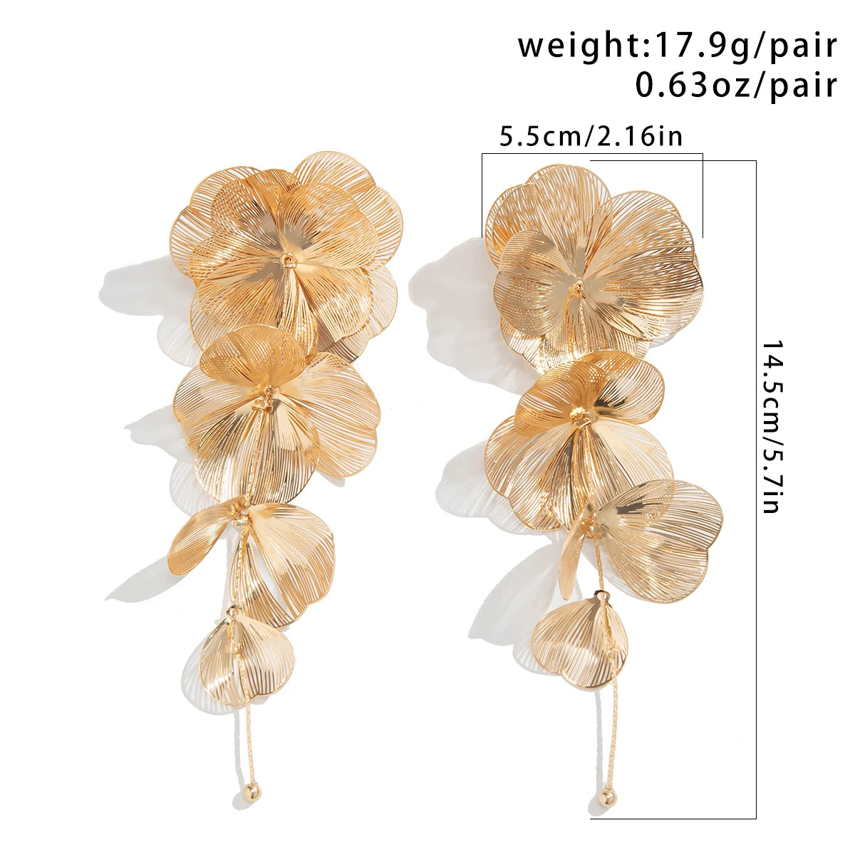 Exaggerated Gold Color Big Petal Flower Drop Earrings for Women Classic Metal Long Hanging Piercing Earrings Y2K Accessories New