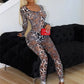 Leopard Print Jumpsuit Women Sexy See Through Low-Neck Hollow Full Sleeve Backless Midnight Trend Club Party Overalls