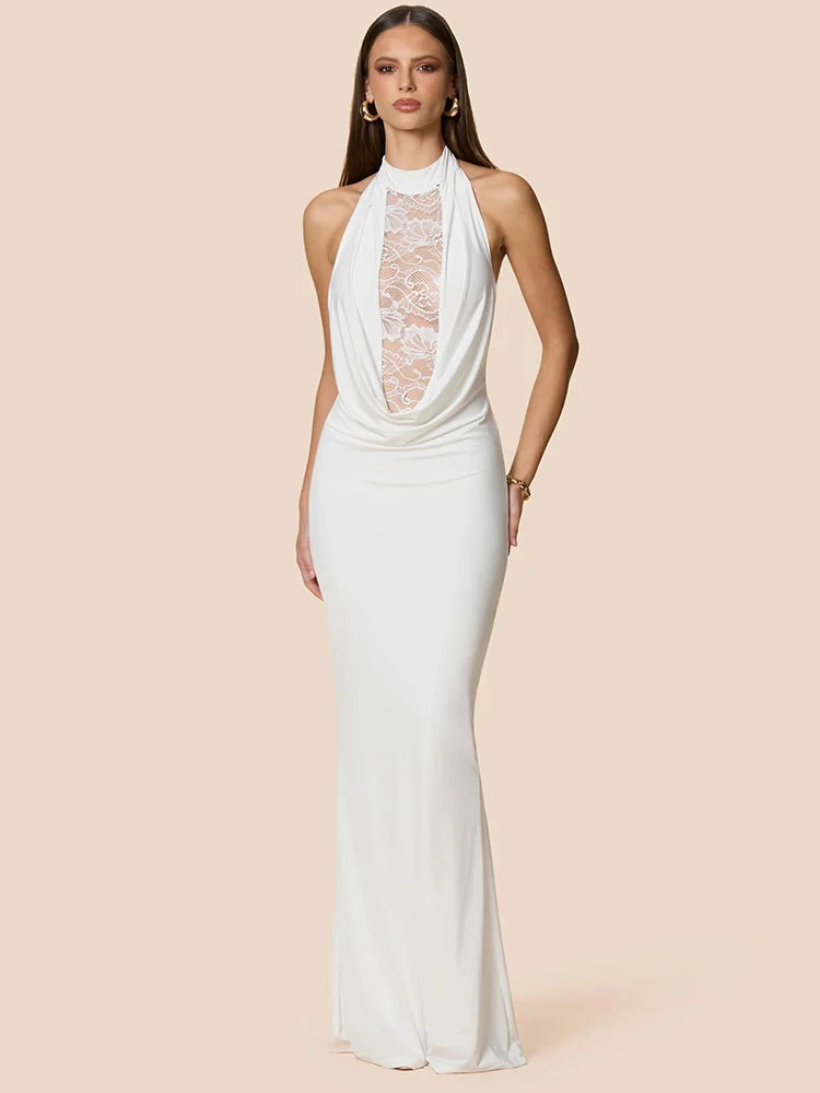 Halter Lace V Neck Sexy Maxi Dress Women Gown Elegant Lace Sheer Off-shoulder Backless Bodycon Club Party Long Dresses