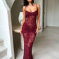 Lace Spaghetti Strap Sexy Maxi Dress Women Elegant See Through Sleeveless Backless Ruched Slinky Club Party Long Dress