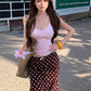 Sweet 2-Piece Set Women v-Neck Solid Camisole+Ribbon Bow Decoration Polka Dot Print Skirt Summer Party Vacation Suit