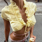 Sexy Ruffle Trim Satin Crop Top for Women Solid Tie Front Deep V Neck Short Sleeve Blouse Summer Casual Top Streetwear