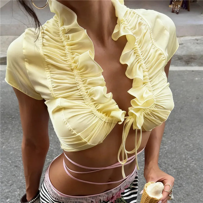 Sexy Ruffle Trim Satin Crop Top for Women Solid Tie Front Deep V Neck Short Sleeve Blouse Summer Casual Top Streetwear