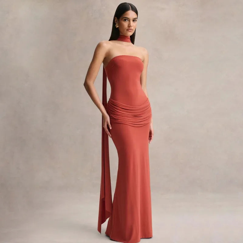 Elegant Party Evening Dresses Wedding Guest Black Strapless Maxi Dress with Draped Detailing and Scarf