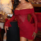 Off Shoulder Long Sleeve Bodycon Mini Dresses Sexy See Through Lace Patchwork Red Black Party Dress Woman