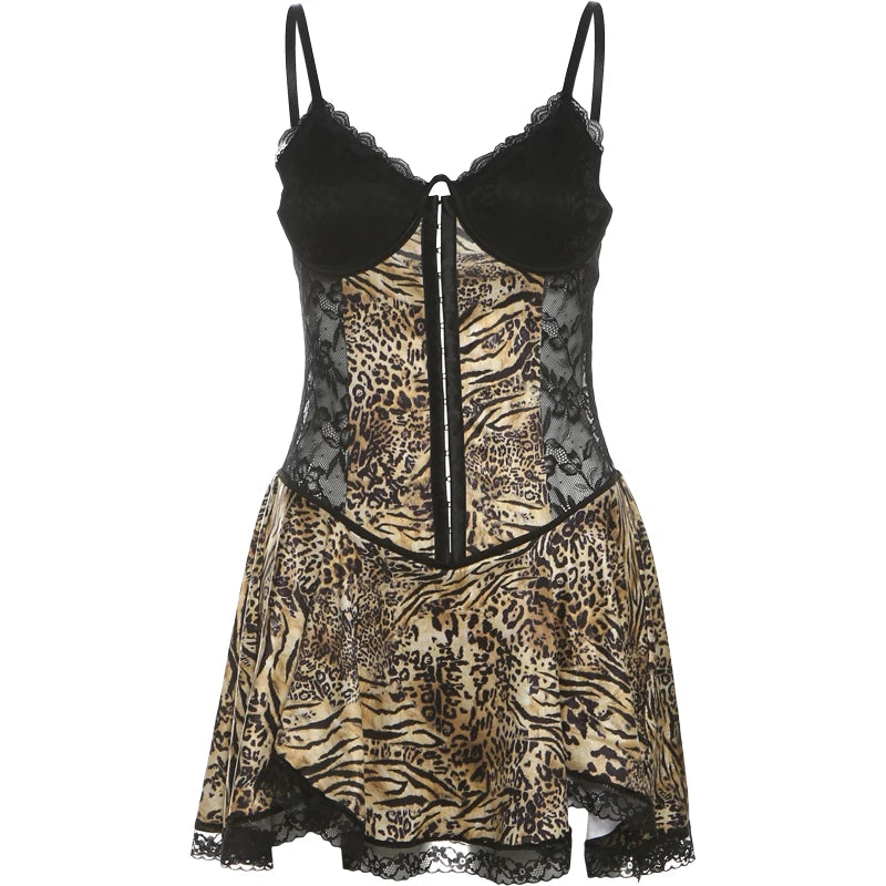 Patchwork Lace Hem Camis Dress Women Chic Y2K Sexy Leopard Print Backless Birthday Vacation Midnight Clubwear Bodycon